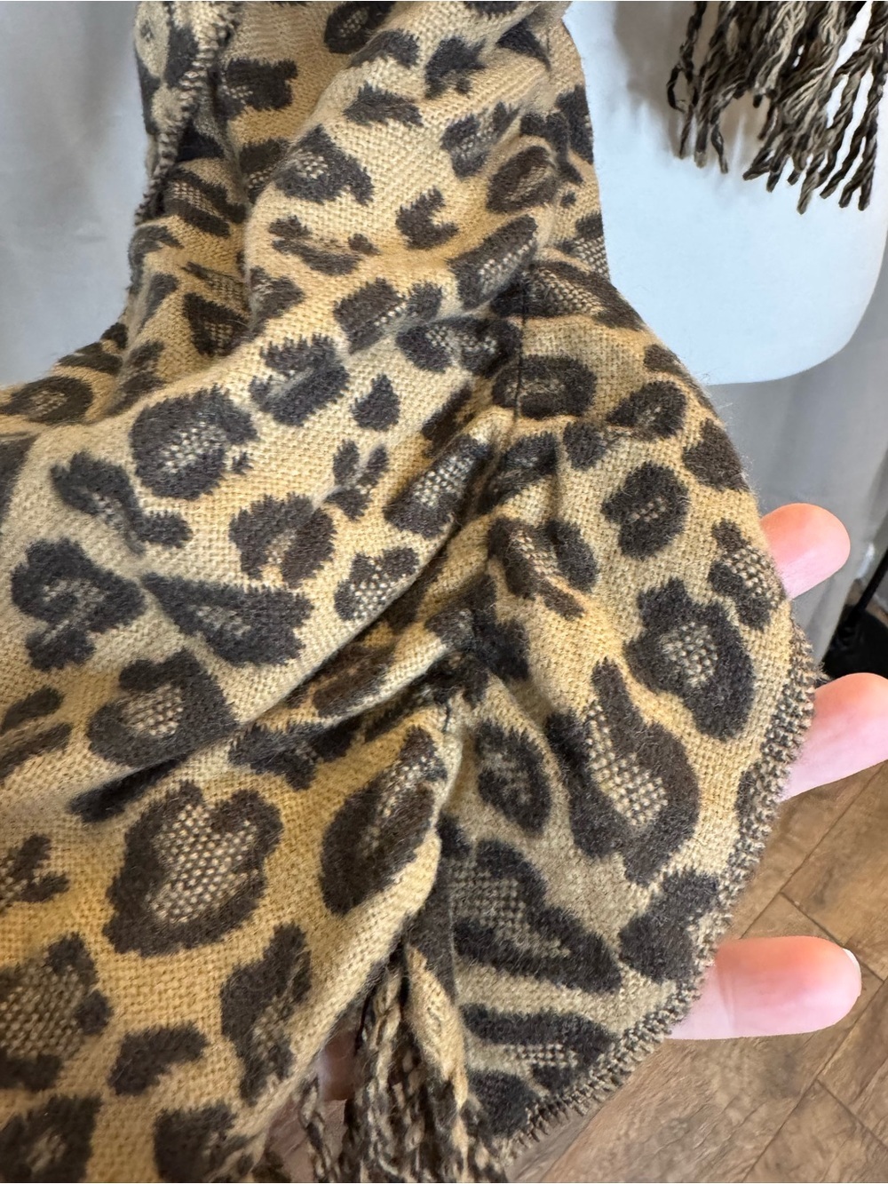 Leopard Print Fringe Knit Scarf in Black and Tan - Picture 6 of 12